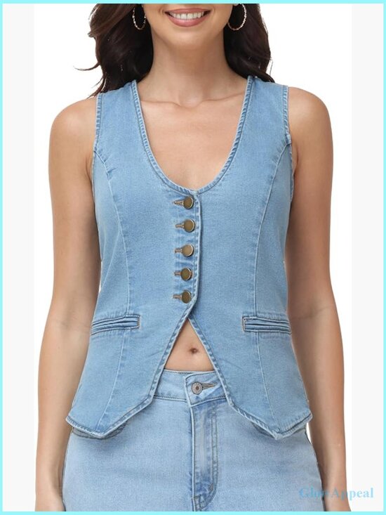 Jackets & Blazers - Women's Denim Vest Sleeveless Fitted Button Down Jeans Top Casual Waistcoat